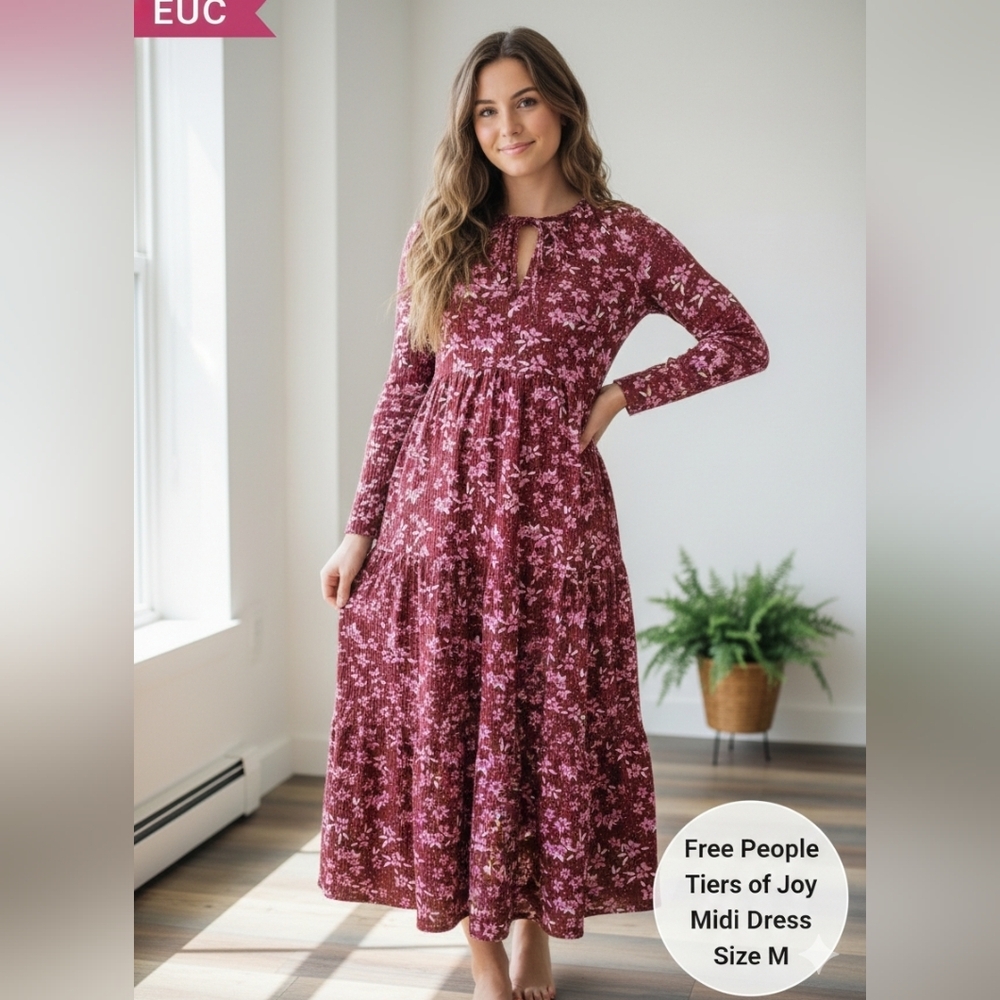 Free People Tiers of Joy Midi Dress Plum Floral Boho Size Medium EUC